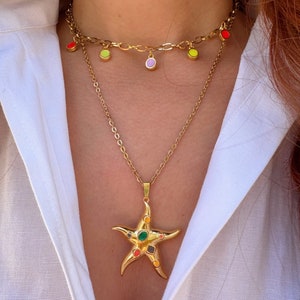 Gold Starfish Necklace, Stainless Steel Necklace, Gold Stones Neckalce, Layerings Necklaces, Beach Necklace, Gift for Her, Made in Greece. zdjęcie 2