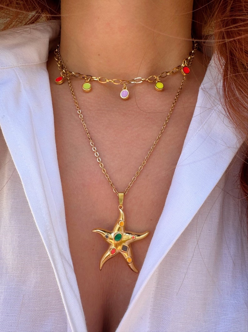 Collar de estrella de mar de oro, collar de acero inoxidable, collar de piedras de oro, collares de capas, collar de playa, regalo para ella, hecho en Grecia. imagen 2