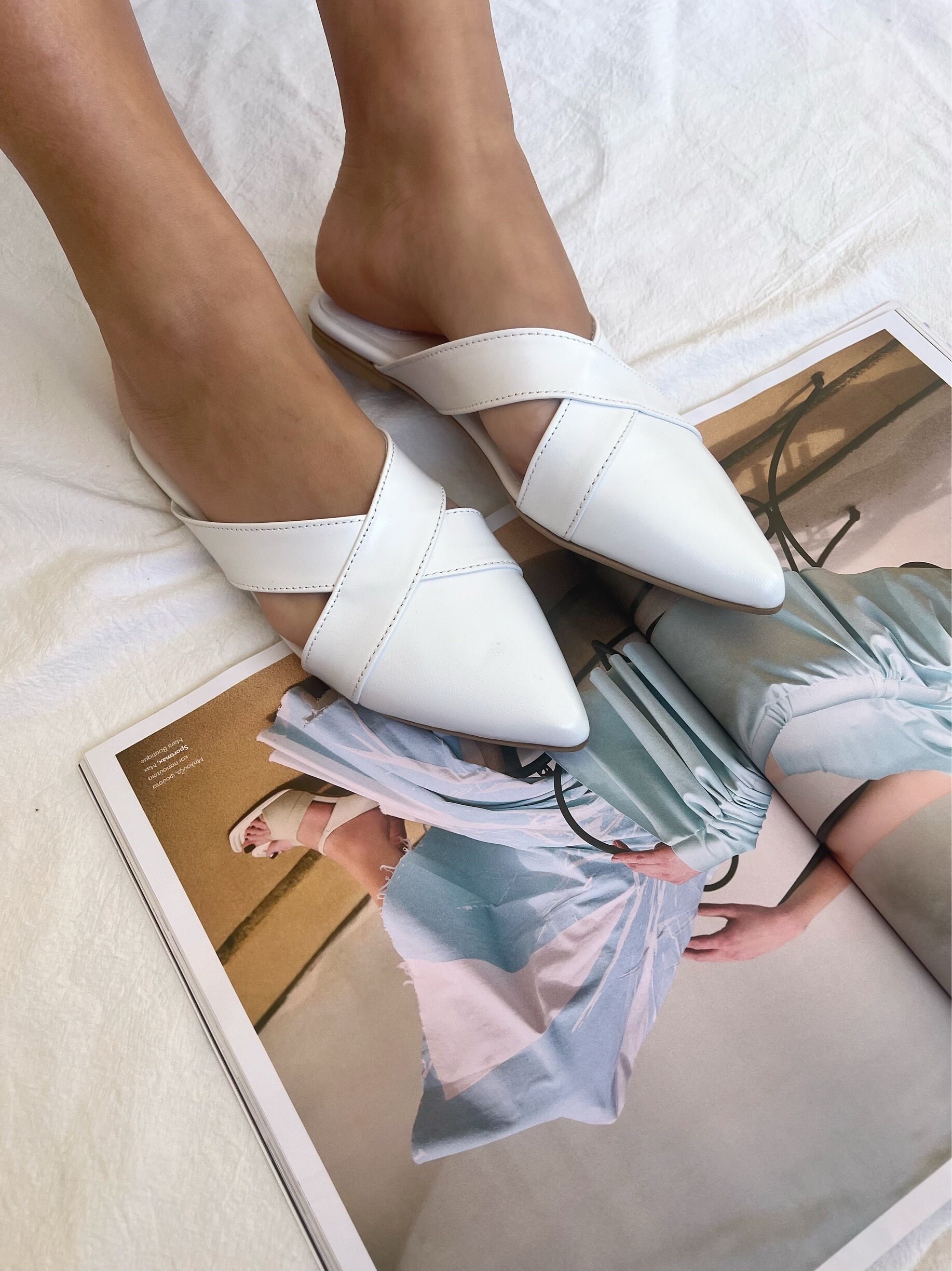 White Leather Mules: Criss Cross Slip on Sandals, Leather