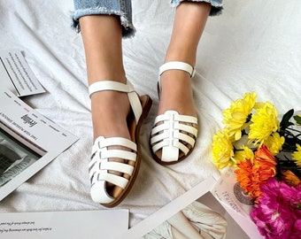 Summer Sandals Women, Leather Shoes, Closed Toe Sandals, White Leather Sandals, Gift for Her, Made from Full Grain Leather, in Greece