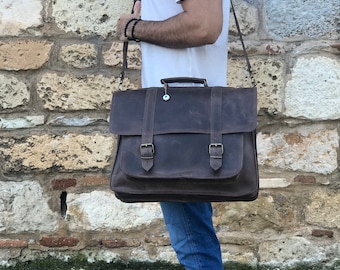 Men's Leather Briefcase, Handmade Messenger Bag, Leather Laptop Bag, 17'' Laptop Bag, Gift for Him, Made from Full Grain Leather.