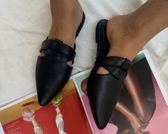 Mules negras, mules de cuero para mujer, sandalias negras, mules de verano, zapatos sin cordones, de Christina Christi.