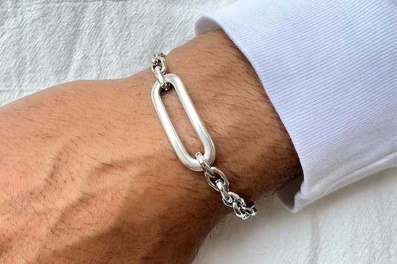 Silver Bracelet, Handmade Bracelet Men, Oval Charm Bracelet, Mens Jewelry, Aluminium Chain Bracelet.