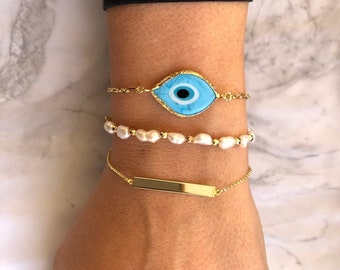 Greek Eye Evil Bracelet, Protection Bracelet, Pearls Bracelet, Bar Bracelet, Evil Eye Jewelry, Gift for Her, Made in Greece.