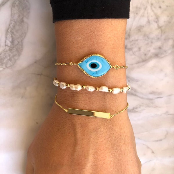 Greek Eye Evil Bracelet, Protection Bracelet, Pearls Bracelet, Bar Bracelet, Evil Eye Jewelry, Gift for Her, Made in Greece.