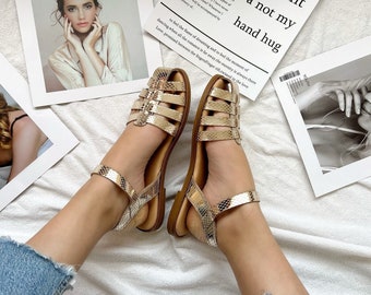 Summer Shoes Women, Leather Sandals, Closed Toe Sandals, Gold Sandals, Gift for Her, Made from Full Grain Leather, in Greece