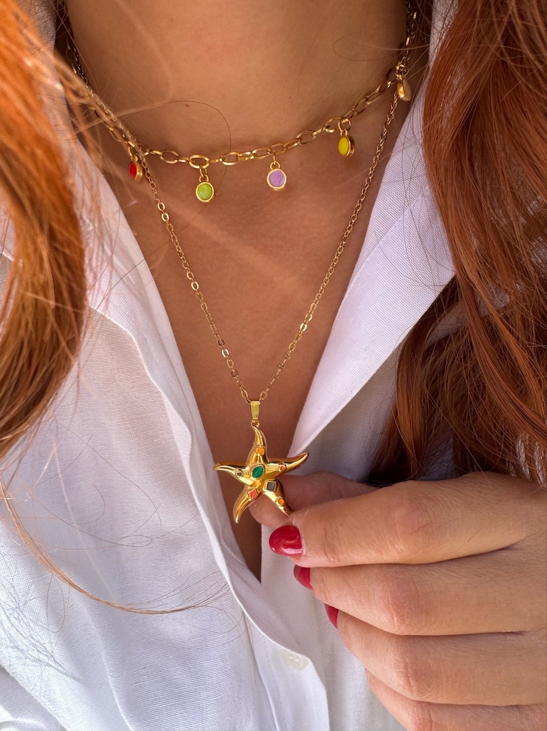 Collar de estrella de mar de oro, collar de acero inoxidable, collar de piedras de oro, collares de capas, collar de playa, regalo para ella, hecho en Grecia. imagen 7