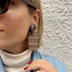 Modern Clip-On Earrings for Women, Bold Statement Earrings, Geometric Design, Lightweight Handmade Jewelry, Unpierced Ears, Brown Earrings.
