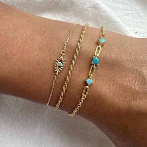 Gold Evil Eye Bracelet Women, Gold Chain Bracelet, Dainty Bracelet, Turquoise Stones Bracelet, Gift for Her, Made from Sterling Silver 925.