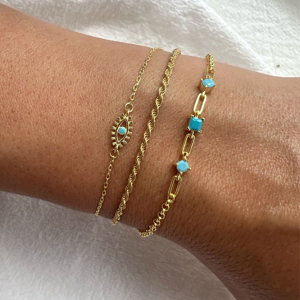 Gouden boze oog armband vrouwen, gouden ketting armband, sierlijke armband, turquoise stenen armband, cadeau voor haar, gemaakt van sterling zilver 925.