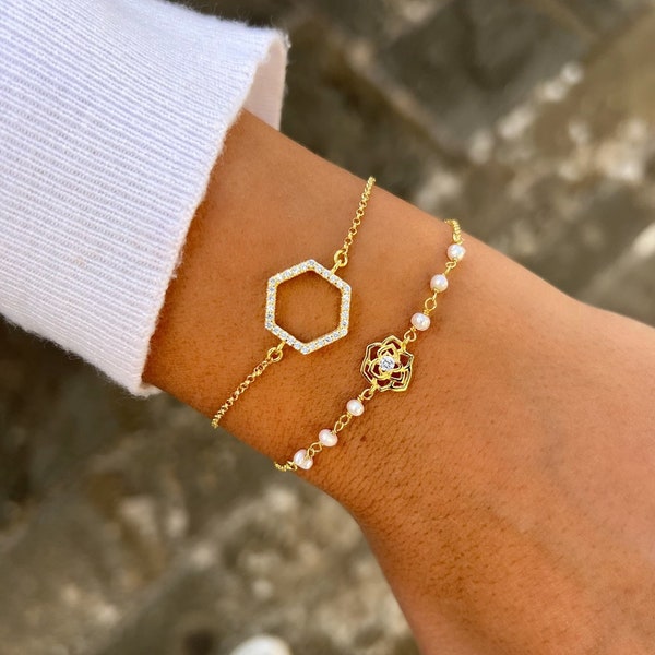 Gold Dainty Bracelets, Minimal Bracelet, Polygon Bracelet, Geometric Bracelet, Rosary Bracelet, Gift for Her, 24k Plated Sterling SIlver 925