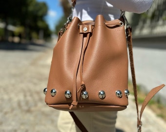 HUGS IDEA Boho Leather Shoulder Bag - Bucket Purse For Women, Crossbody Or Handbag, Multiple Pockets