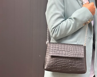 Black Croco Print Leather Shoulder Bag: Handmade Full Grain
