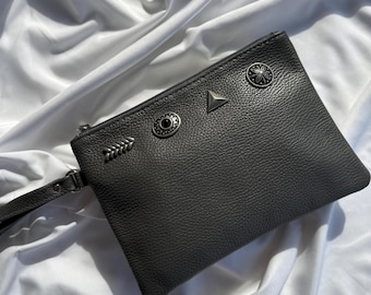 Bolso de mano de cuero para mujer bgaGray, bolso de cosméticos, neceser bohemio, fabricado en Grecia.