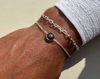 Mens Evil Eye Bracelet, Minimalist Chain Bracelet, Mens Jewelry, Sterling Silver 925