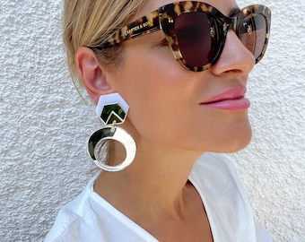 Silver Mirror Hoop Earrings, Clip On Earrings, Dangle Earrings, Statement Earrings, Geometric Earrings, Gift for Her, Made in Greece.