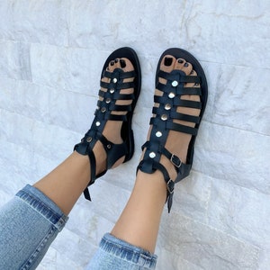 Zwarte gladiatorsandalen dames, leren sandalen, zwarte sandalen, zomerschoenen, gemaakt van 100% echt leer, in Griekenland.