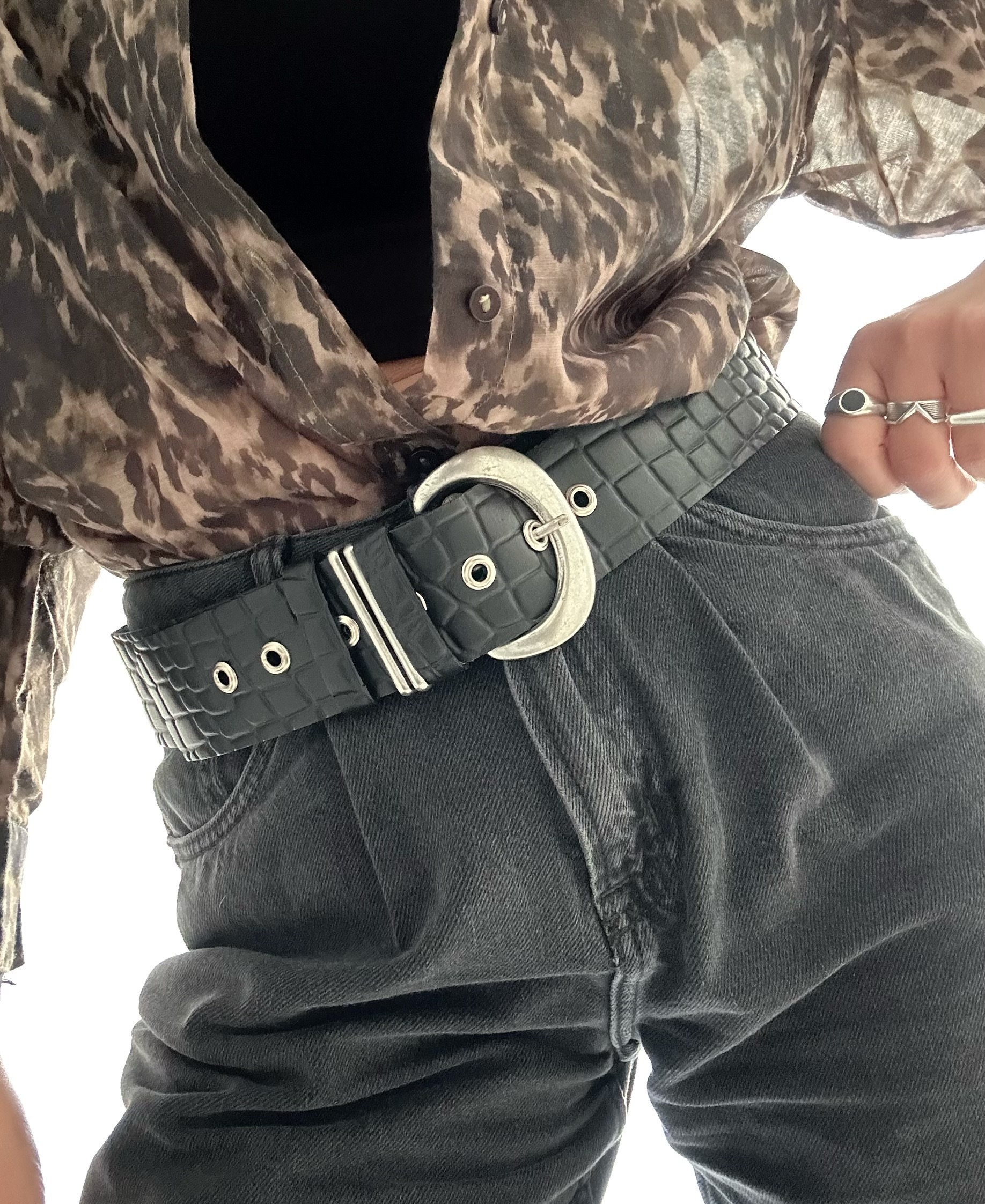 Vintage Boho Black Woven Leather Wide Statement Belt Ornate Silver Stone Buckle Amazon.com: Utaly Vintage Cowgirl-Western-Leather-Belts for  main image 3