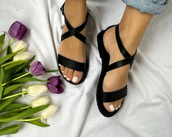 Sandals, Black Leather Sandals, Ankle Strap Sandals, Summer Flats, Women Shoes, Made in Greece.