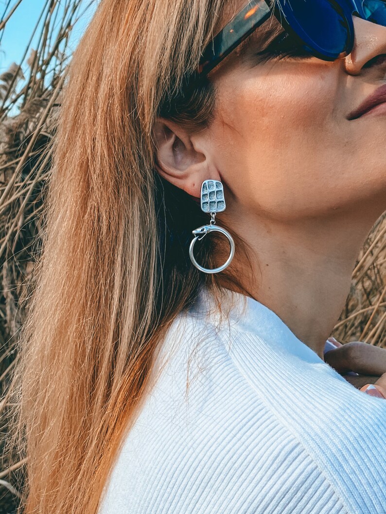 Silver Geometric Earrings Dangle Earrings Snake Earrings Snake Hoop Earrings Made in Greece. Gift for Her