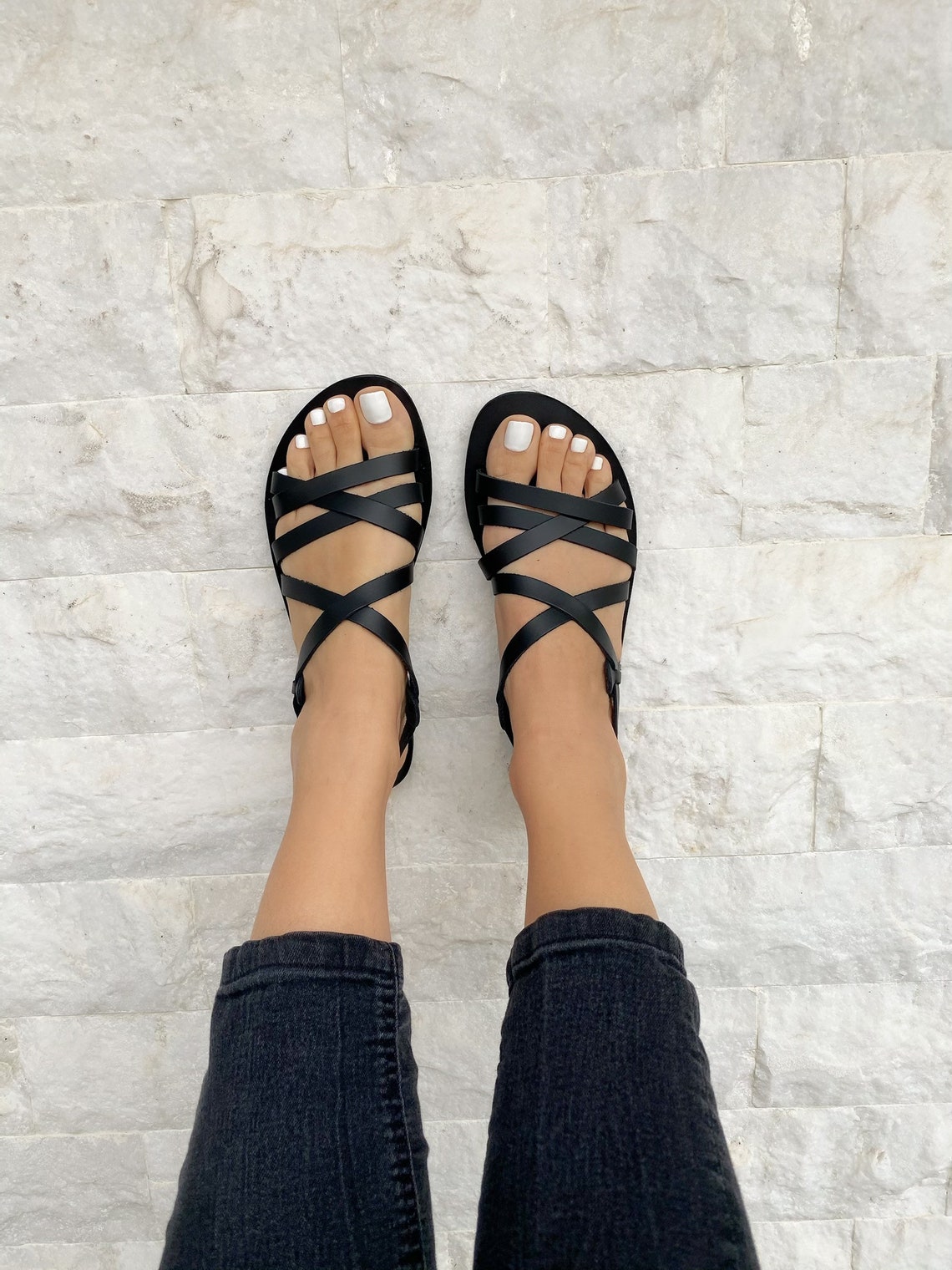 Black Leather Sandals Women Summer Sandals Strappy Sandals | Etsy
