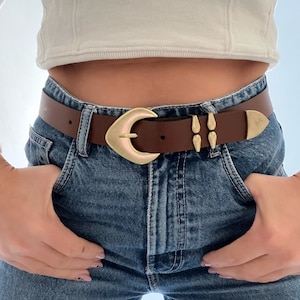 Bronze Buckles Brown Leather Belt, Women Belt, Waist Belt with Buckles, , Gift for Her, Made from Real Genuine Leather - Tight Hug