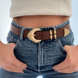 Bronze Buckles Brown Leather Belt, Women Belt, Waist Belt with Buckles, , Gift for Her, Made from Real Genuine Leather - Tight Hug