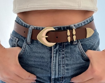 Bronze Buckles Brown Leather Belt, Women Belt, Waist Belt with Buckles, , Gift for Her, Made from Real Genuine Leather - Tight Hug