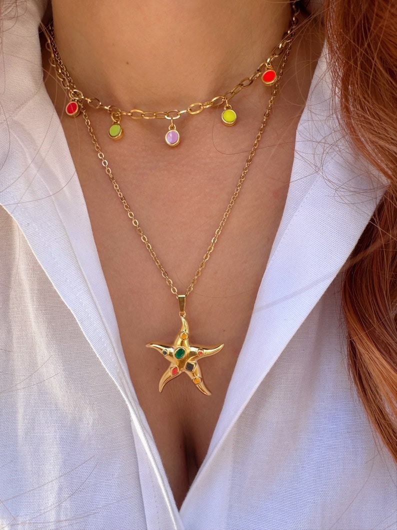Gold Starfish Necklace, Stainless Steel Necklace, Gold Stones Neckalce, Layerings Necklaces, Beach Necklace, Gift for Her, Made in Greece. zdjęcie 9