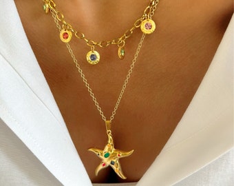 Collana stella marina d'oro, collana in acciaio inossidabile, collana con cristalli d'oro, collane a strati, collana da spiaggia, regalo per lei, prodotto in Grecia.