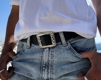 Cinturón de cuero para hombre, cinturón negro para hombre, hebilla plateada hecha a mano, hecho en Grecia, regalo para él.