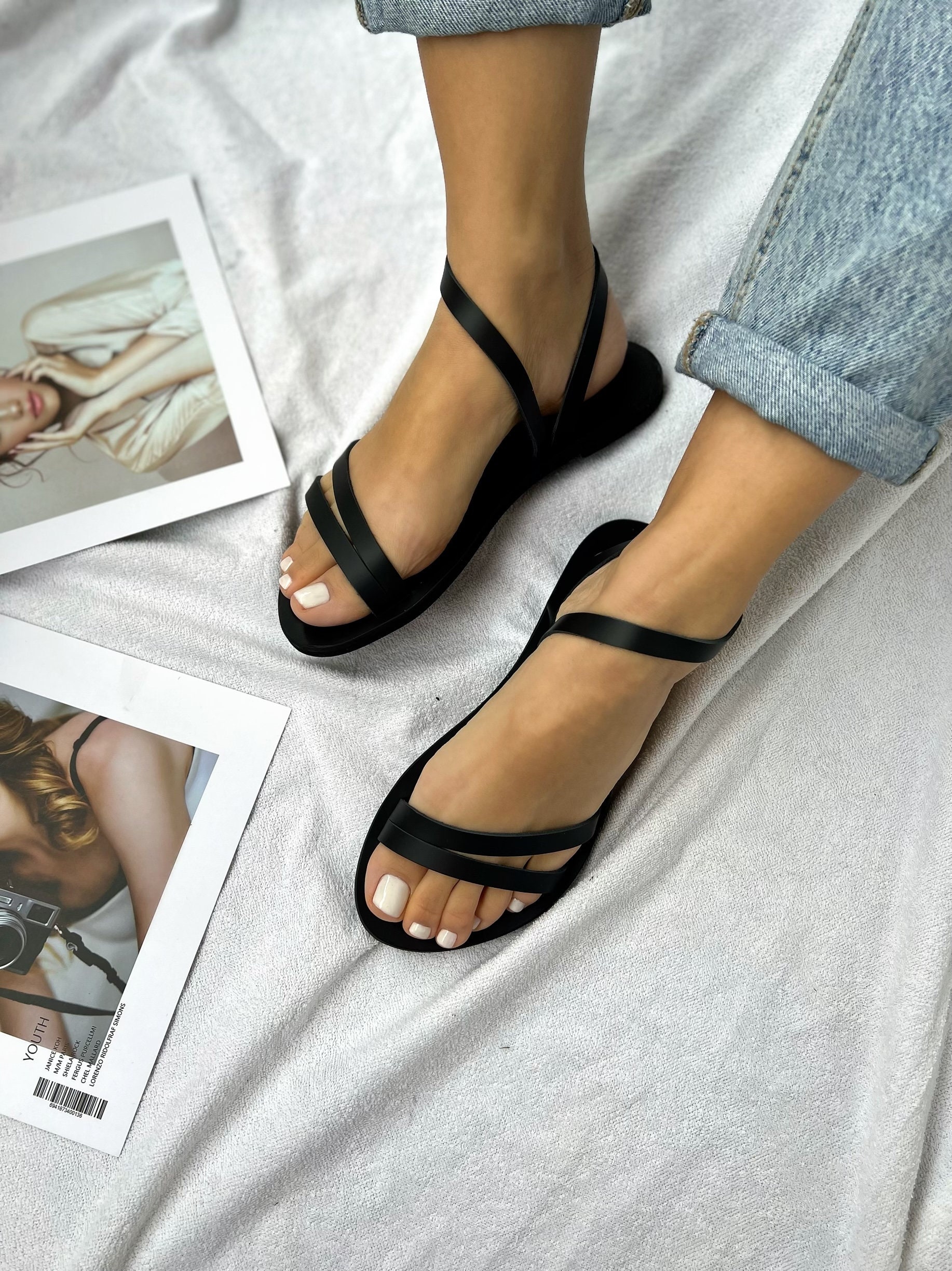 Gift women!! Women sandals Flip flop sandals leather Black sandals Greek sandals