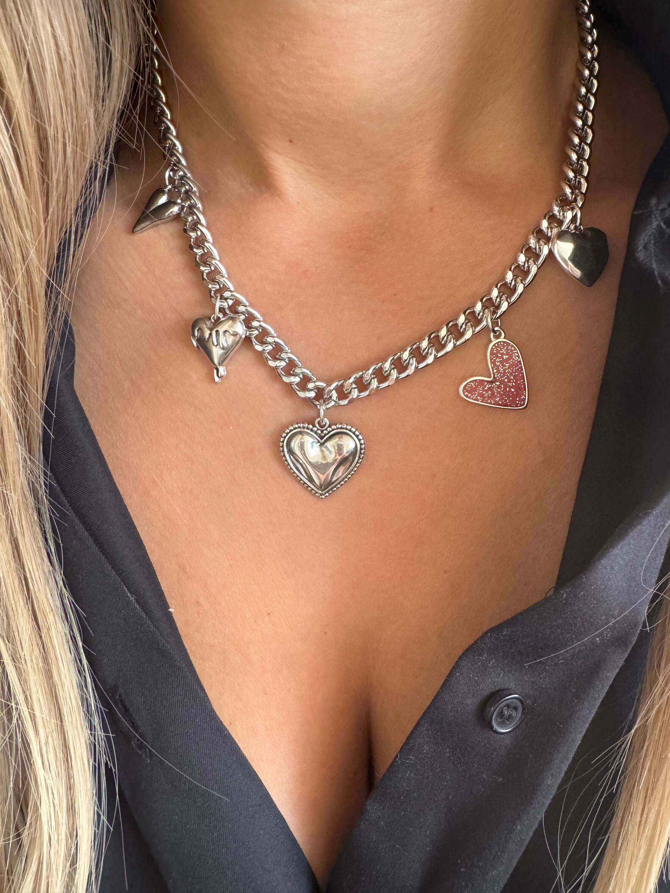Silver Chunky Chain Heart Necklace, Heart Charm Necklace