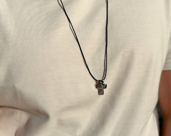 Mens Necklace, Silver Necklace, Cross Necklace, Religious Pendant, Black Adjustable Cord Necklace.