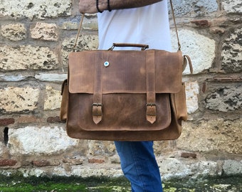 Herren Leder Aktentasche, Leder Messenger Bag, Leder Laptoptasche, Braune Ledertasche, Hergestellt aus Vollnarbenleder, Hergestellt in Griechenland.