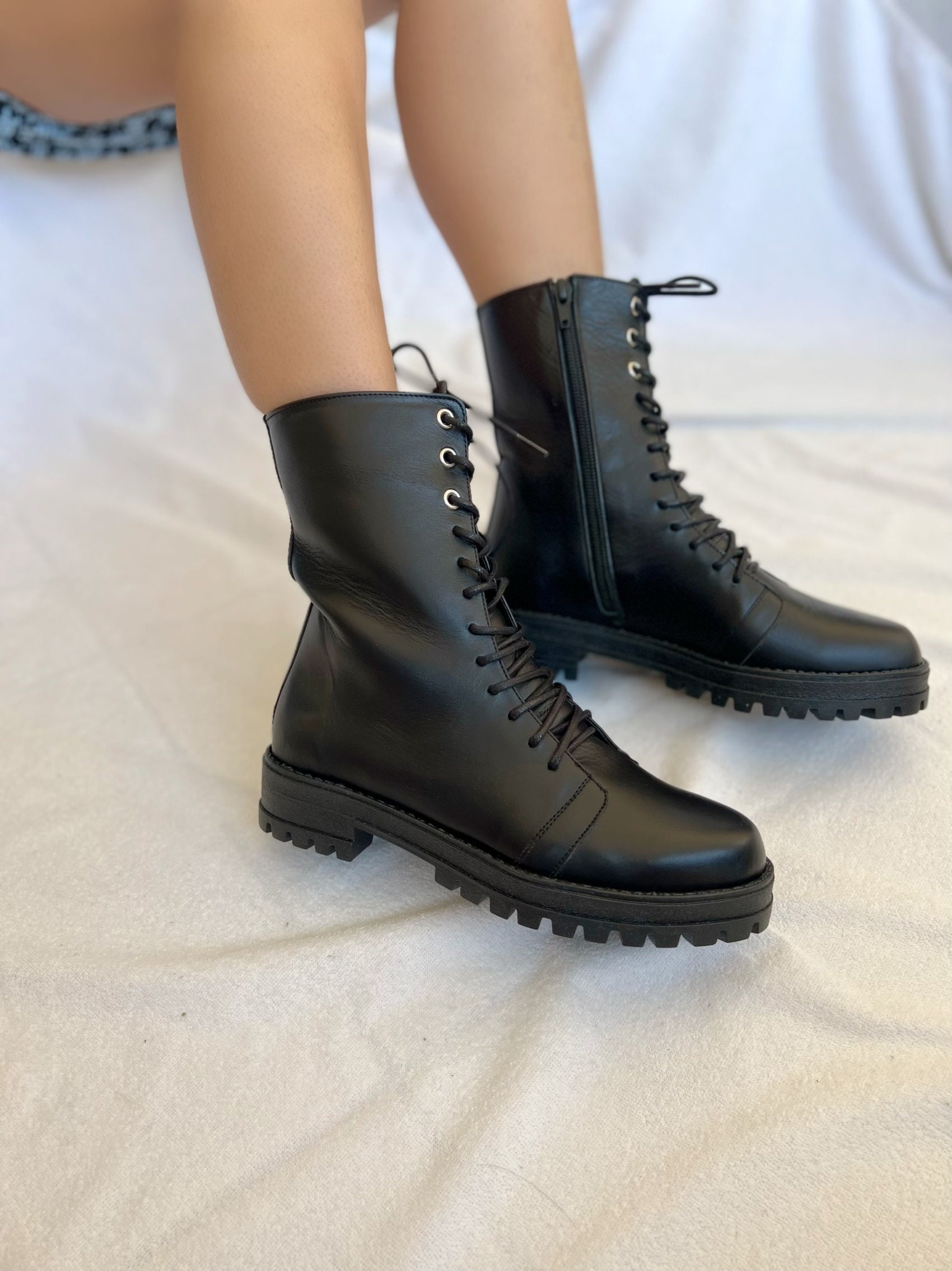 Black Leather Combat Boots Women Winter Boots Black Boots Etsy