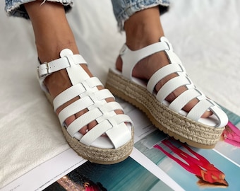 Leather Sandals, Platform Sandals, Espadrille Sandals, Platform Wedges, Women Summer Shoes.