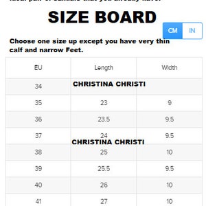 May include: Size chart for sandals in US women's sizes, showing European sizes (EU), length in inches, and width in inches. The chart includes the brand name Christina Christi.