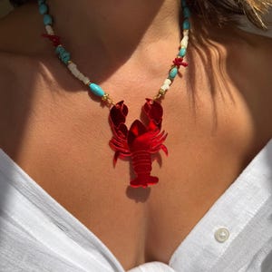 Beaded Lobster Necklace: Coral, Howlite & Plexiglass - Summer Boho Jewelry