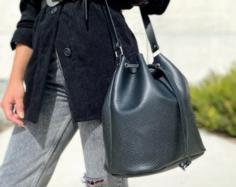 Black Leather Bucket Bag, Black Purse, Shoulder Bag, Leather Purse, Gift for Her, Made from Full Grain Leather in Greece.