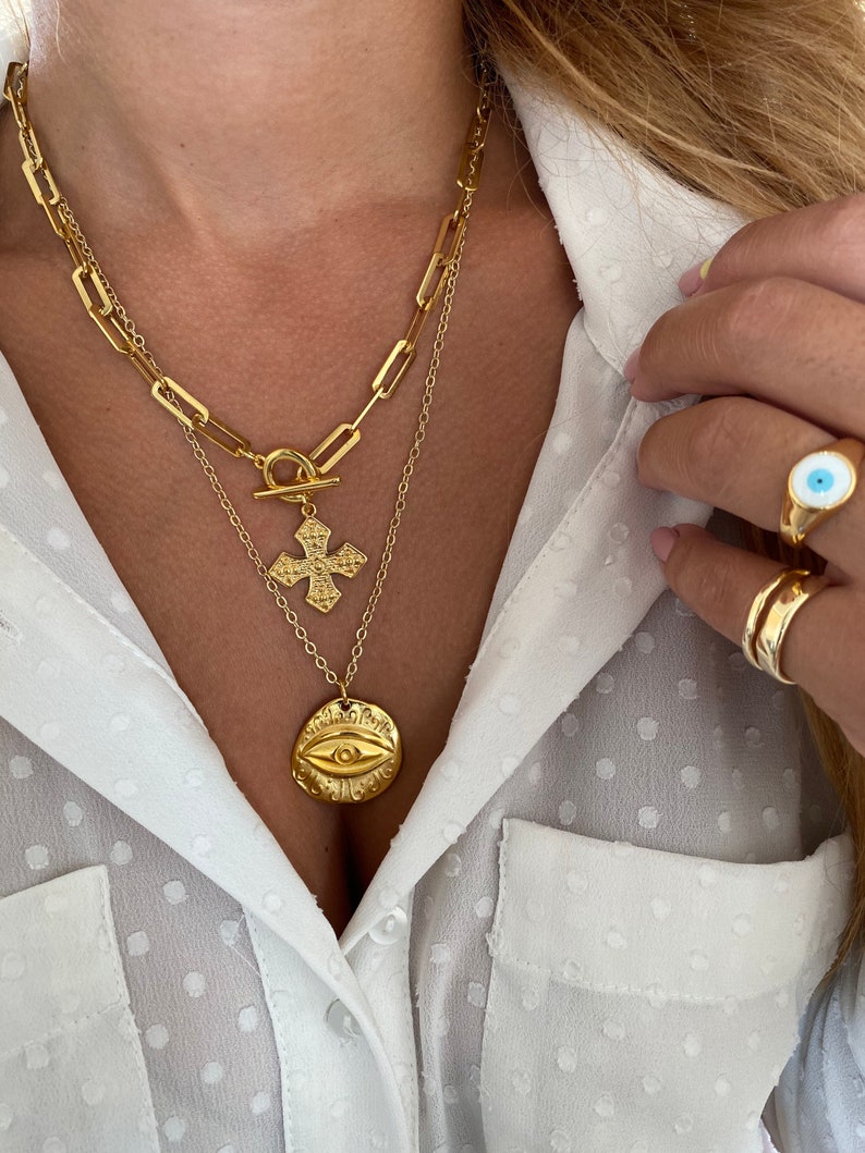 Everyday Necklace, Gold Cross Necklace, Evil Eye Necklace, Layering Necklace, Cross Jewelry, Dainty Necklace, Eye Necklace, Gift for Her. 