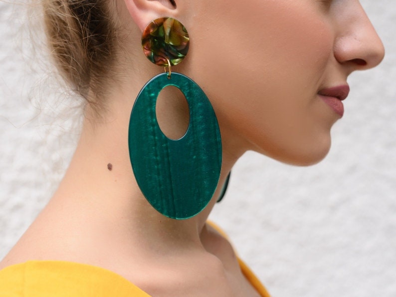 Green Clip On Earrings Boho Earrings Bohemian Earrings Oval Etsy