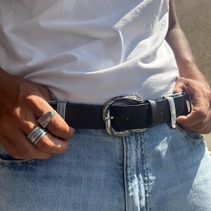 Black Leather Belt Men, Handmade Silver Snake Buckle Belt, Made in Greece.