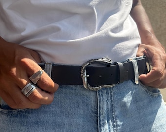 Ceinture en cuir pour homme, ceinture noire pour homme, ceinture argentée à boucle serpent, ceinture bohème, fabriquée en Grèce, cadeau pour lui.