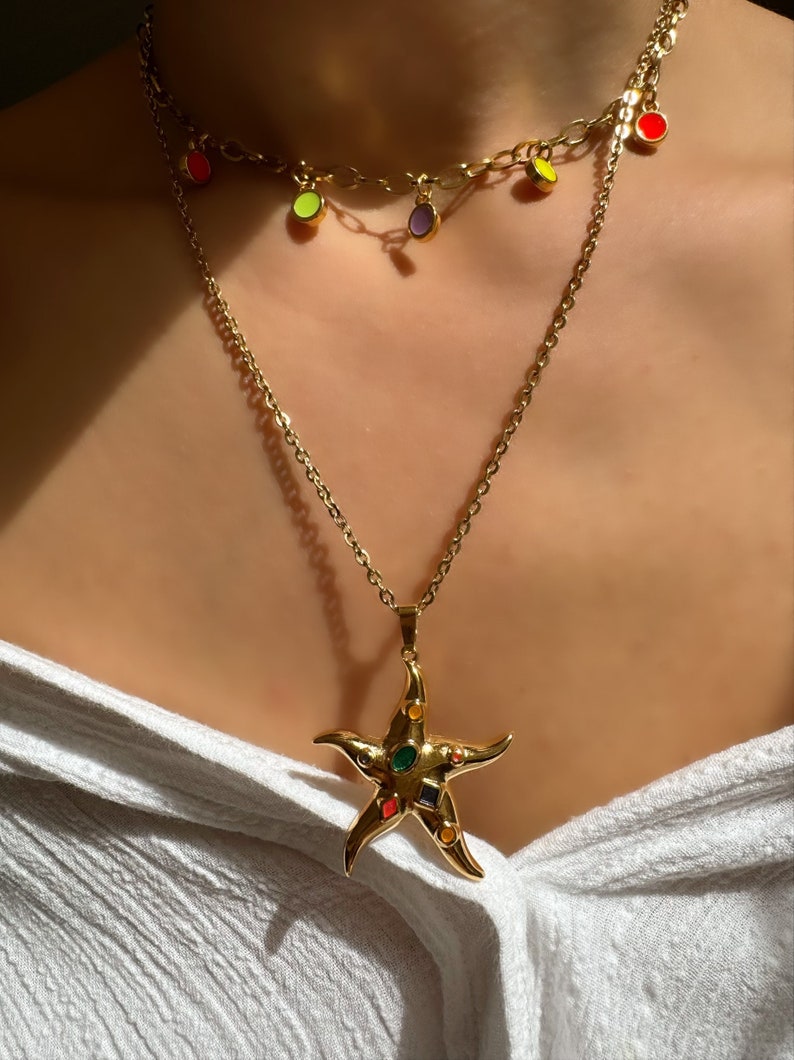 Collar de estrella de mar de oro, collar de acero inoxidable, collar de piedras de oro, collares de capas, collar de playa, regalo para ella, hecho en Grecia. imagen 5
