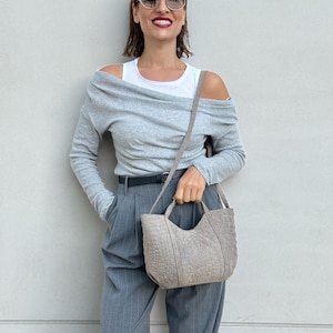 Grijze draagtas dames, schoudertas volnerf leren schoudertas met verstelbare riem