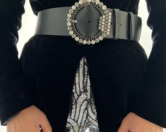 ハンドメイドのブラックレザーベルト、レディース、幅広ベルト