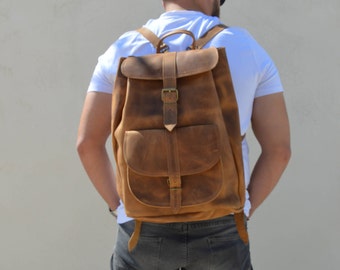 Men Leather Backpack, Brown Backpack, Leather Rucksack Men, Handmade Backpack, Travel Bag, Made from Full Grain Leather - EXTRA LARGE.