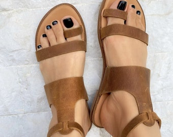 Waxed Brown Leather Sandals, Slingback Sandals, Women Sandals, Greek Sandals, Summer Shoes, Made from Genuine Leather in Greece.