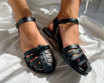 Damen-Ledersandalen, Damenschuhe, geschlossene Sandalen, schwarze Sandalen, Slingback-Sandalen, Slingback-Schuhe, hergestellt aus Vollnarbenleder.